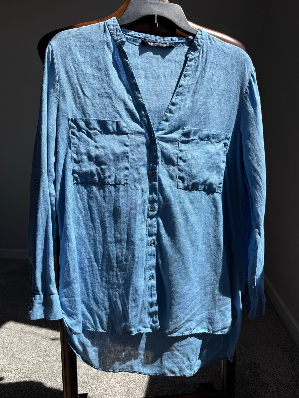 Zara Linen Blend Blue Tunic Blouse M Roll Tab Sleeve Coastal Boho Lightweight